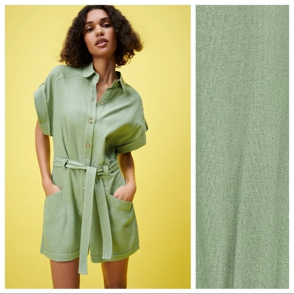 NWT. Zara Green Linen/Viscose Blend Topstitched Short Jumpsuit. Size S.